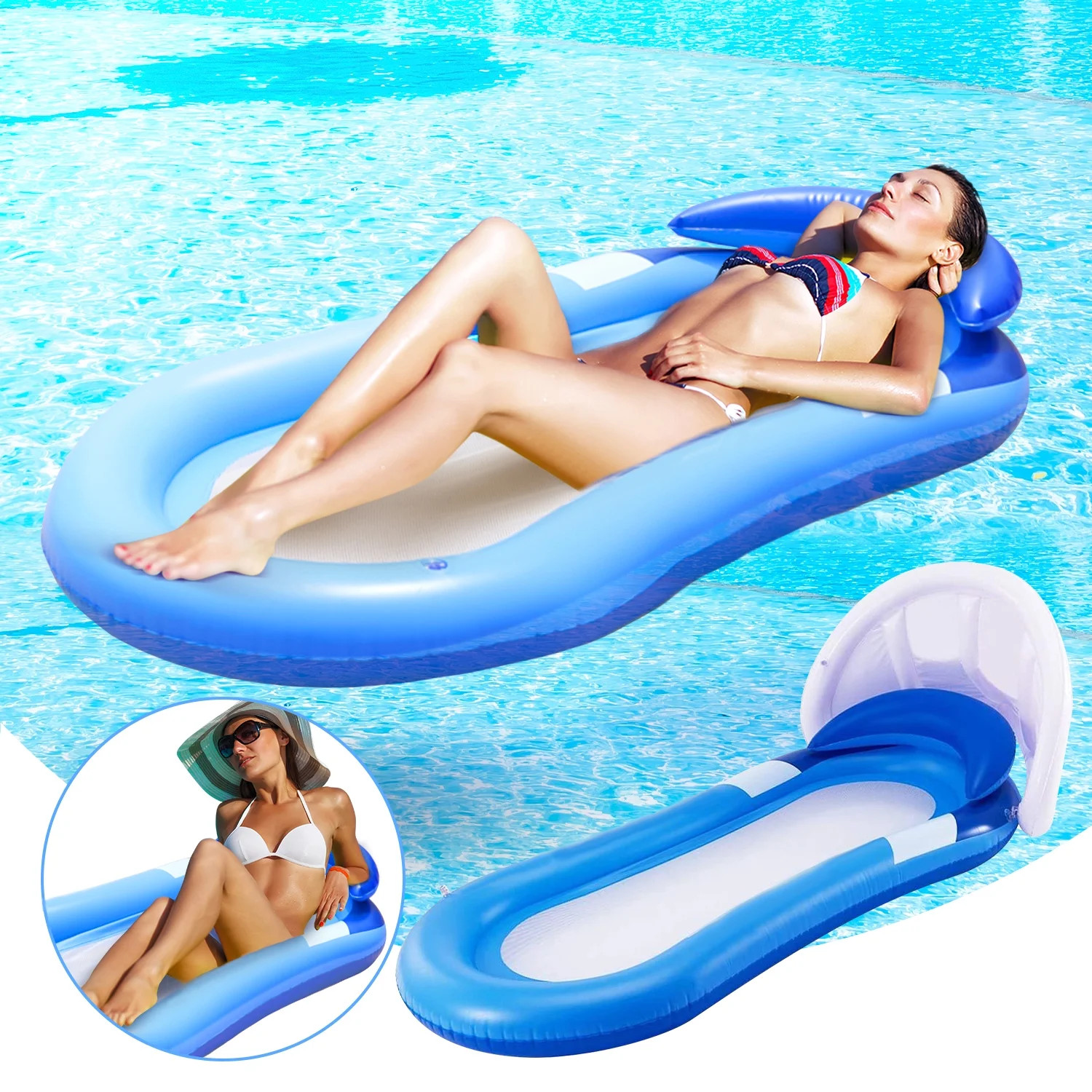 Inflatable Pool Floats Lounge for Adult Size, Pool Raft Float Chair for Swimming Pool with Shade ... | Walmart (US)