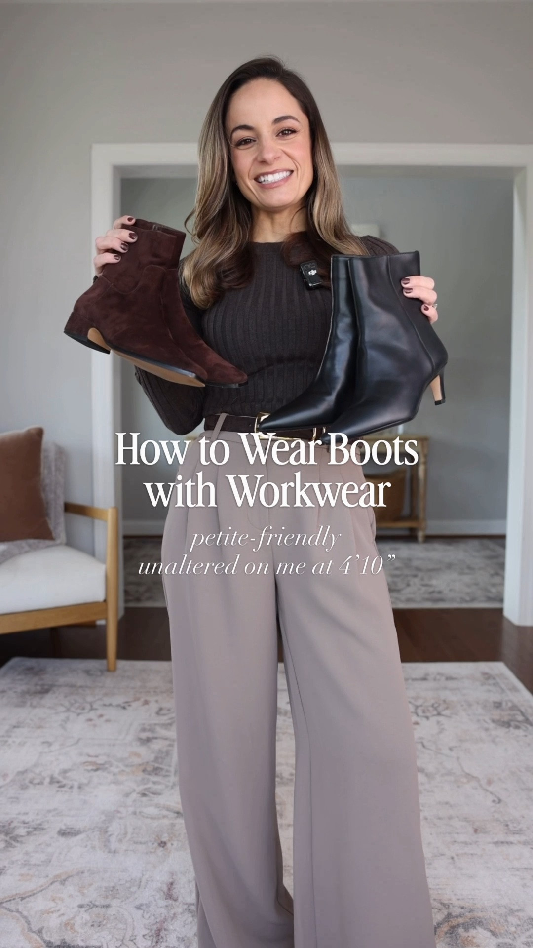How to pair boots with your workwear for petites! 

Taupe pants (LOFT): petite 00 / 11.5” rise / 27.5” inseam 
Brown top (Quince): xs 
Brown Pants (Abercrombie): 24 short / 11.5” rise / 28.25” inseam 
Burgundy top (Gap): xxs - recommend sizing up 
Green sweater (Abercrombie): xxs 
Plaid pants (BR Factory): petite 00 / 10.5” rise / 28” inseam 
Black turtleneck (Aritzia): xxs 
Burgundy Pants (BR Factory): petite xxs / 10” rise / 28.5” inseam
Brown cardigan (Abercrombie): xxs 

Brown boots shown are the dusty boots from Steve Madden, I recommend sizing up 1/2 for thick socks otherwise true to size 

The black boots shown are from last year (J.Crew) I am linking a similar option 

For size comparison, I’m 4’10” 105lbs. My measurements are 32”, 24”, 36”. I typically wear petite xxs/00/24 and have a 25” ankle inseam and a 27.5-28” full length inseam.

#LTKPetite