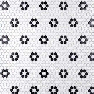 Merola TileMetro 1 in. Hex Matte White with Flower 10-1/4 in. x 11-7/8 in. Porcelain Mosaic Tile ... | The Home Depot