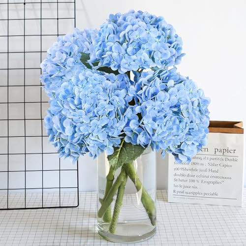 4 Pcs Hydrangea Artificial Flowers, 21" Blue Real Touch Latex Faux Hydrangea Flowers Lifelike Artificial Plants Indoor for Home Decor Wedding Banquets Table Centerpieces Floral Arrangements Outdoor | Amazon (US)