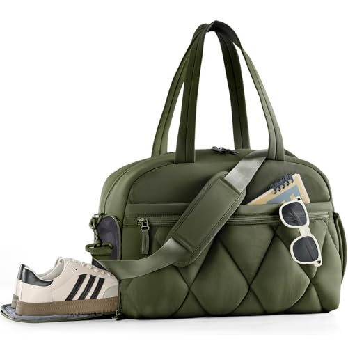 Lekespring Gym Bag for Women, Puffer Travel Duffle Bag With Shoes Compartment & Wet Pocket, Carry On Tote Bag For Weekender, Overnight, Sport duffel bags for traveling (Green, Medium) | Amazon (US)