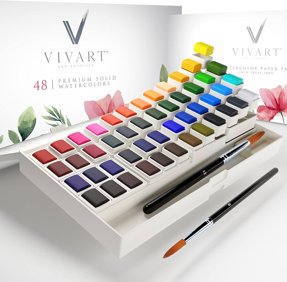 Watercolor Paint Set with 48 Premium Colors, 2 Artist Paint Brushes, 20-Sheet Paper Pad, Bonus Wa... | Amazon (US)