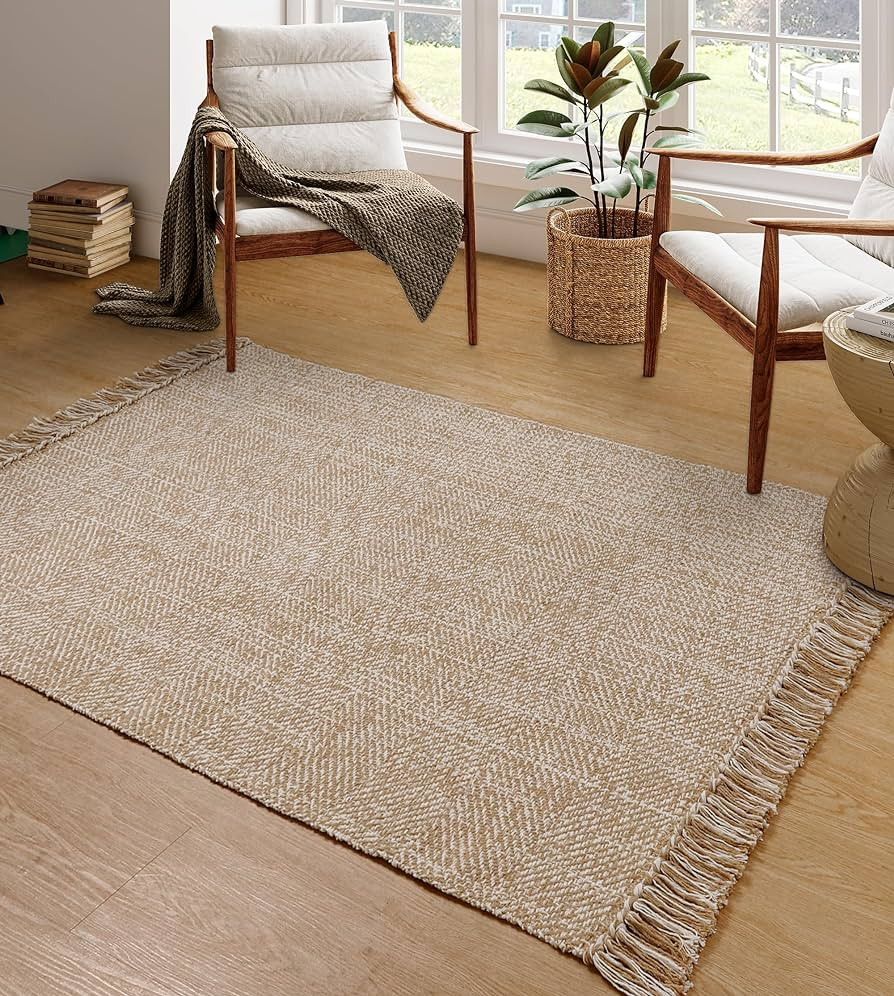 Collive Comfy Area Rug 4' x 6', Tan/Cream Woven Cotton Bedroom Rugs, Modern Indoor Accent Rug Flo... | Amazon (US)
