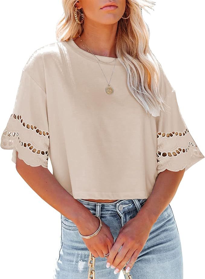 Yuccalley Women's Lace Short Sleeve Crop Tops Summer Casual Round Neck Tees | Amazon (US)
