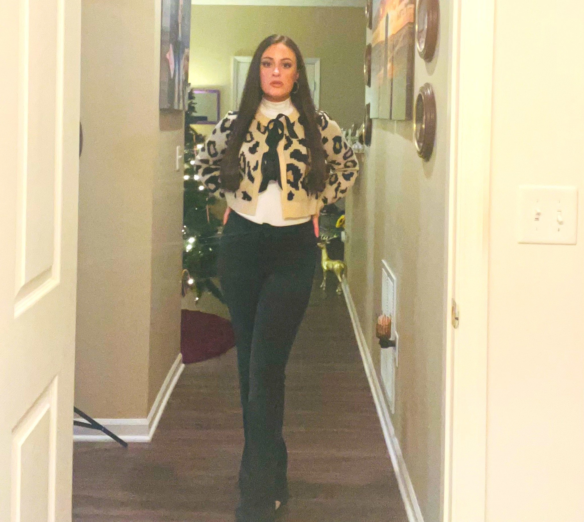 Fall dinner ootd leopard tie front sweater whore turtleneck bodysuit dark rinse button up flare jeans snake print booties  
#pinklilypartner #ootd 

#LTKFindsUnder100 #LTKStyleTip #LTKSeasonal