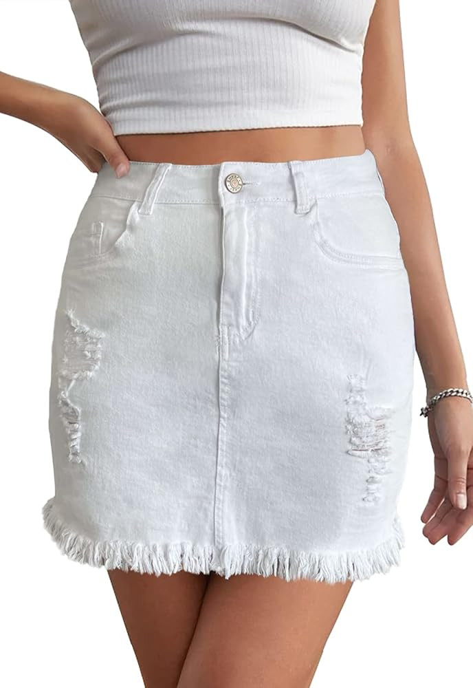Women’s Bodycon Denim Mini Skirt High Waist Casual Washed Frayed Stretchy Jean Skirts with Pock... | Amazon (US)