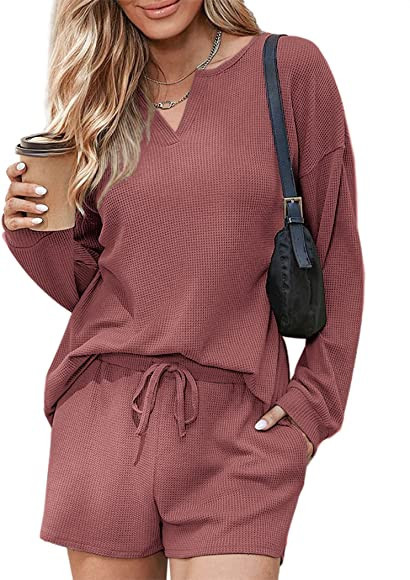 Ekouaer Pajamas Womens Waffle Knit Lounge Set Long Sleeve Top and Shorts 2 Piece Loungewear Outfits  | Amazon (US)