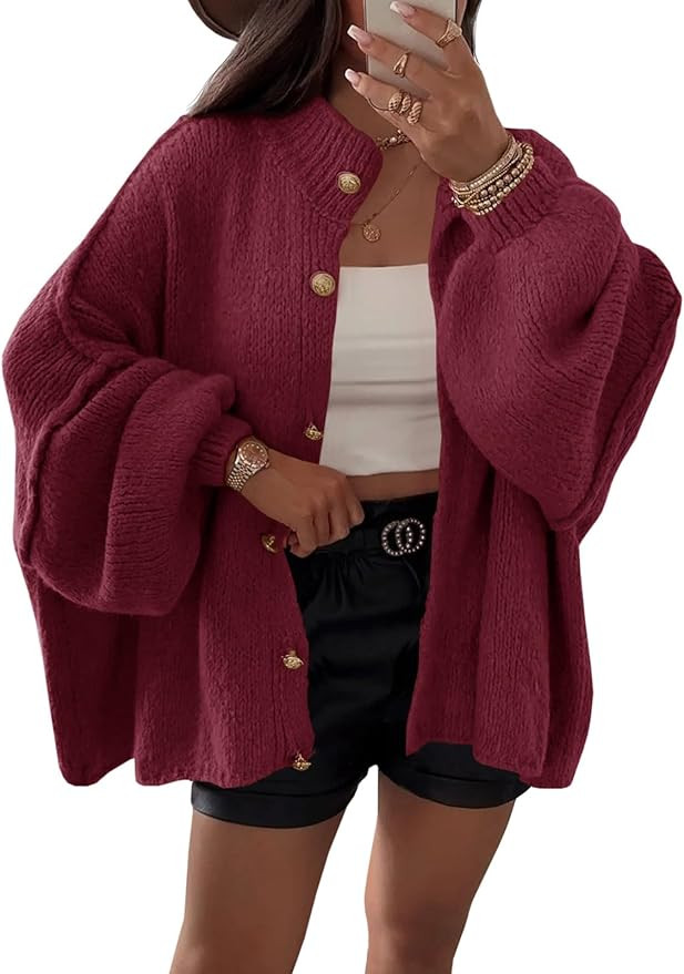 Saodimallsu Womens Oversized Cardigans Long Lantern Sleeve Button Down Chunky Knit Loose Fall Swe... | Amazon (US)