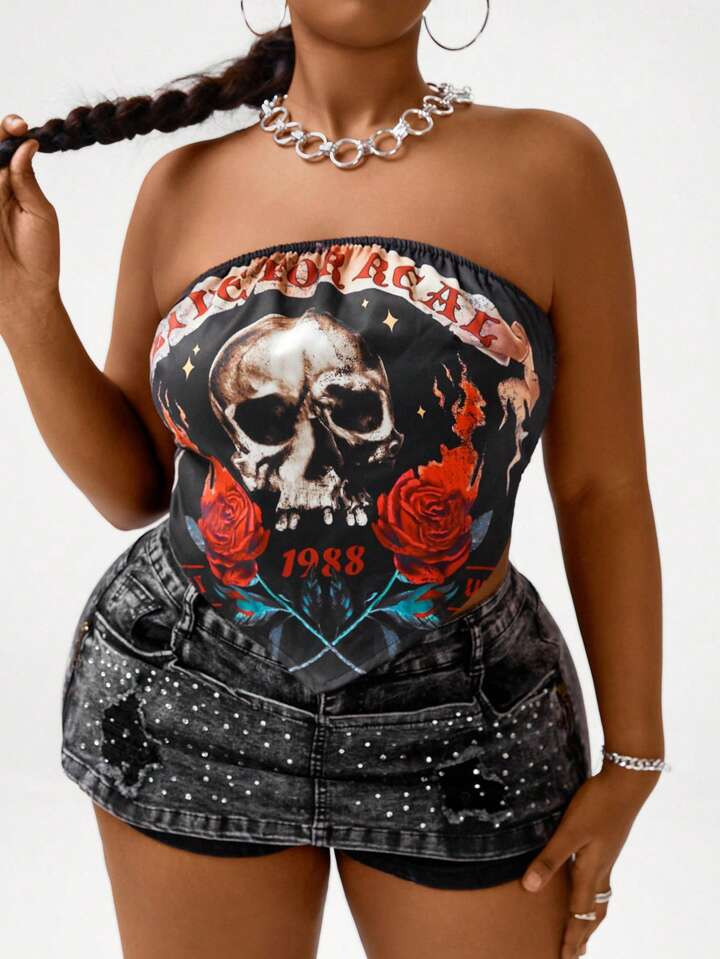 SHEIN ICON Plus Size Women'S Letter & Skull Print Tube Top | SHEIN