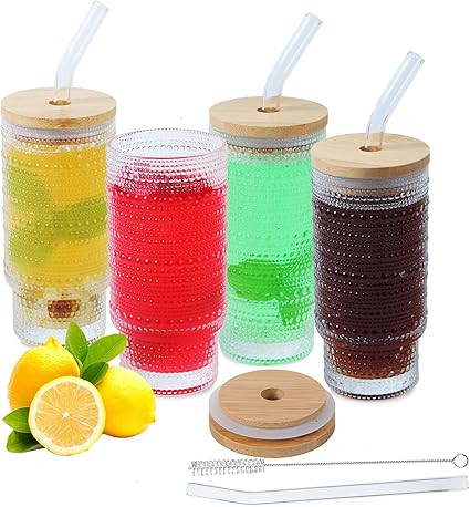 LewisCare 16oz Glass Cups with Lids and Straws Set of 4, Beaded Glassware Iced Coffee Cup, Drinki... | Amazon (US)