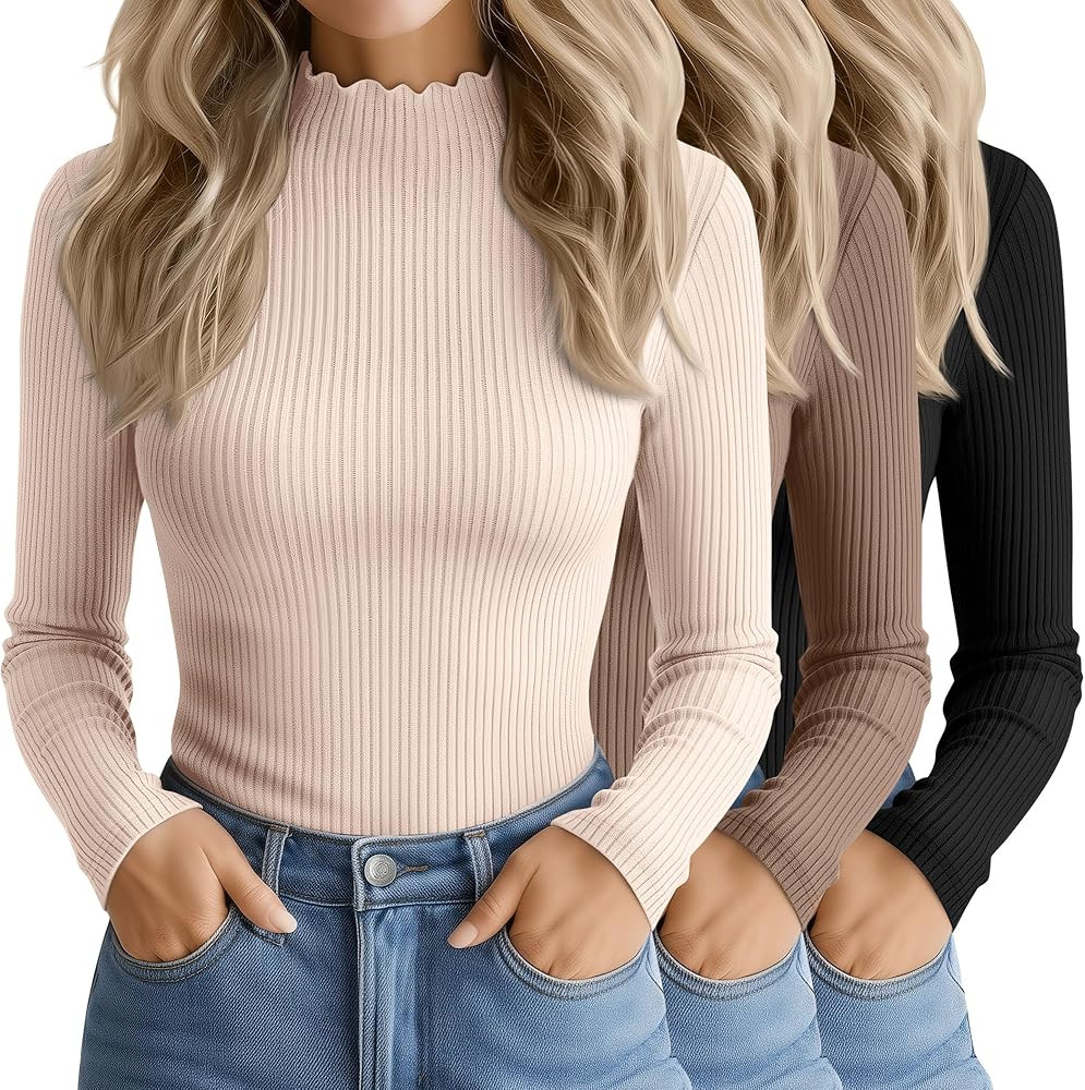 3 Pack Women's Cotton Long Sleeve Mock Turtleneck Tops Ribbed Lettuce Trim Slim Fit Shirts Therma... | Amazon (US)