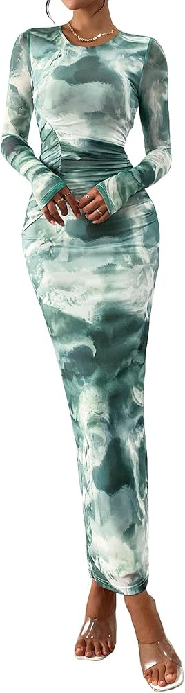 PRETTYGARDEN Wedding Guest Dresses for Women Spring Long Sleeve Ruched Bodycon Floral Mesh Cockta... | Amazon (US)