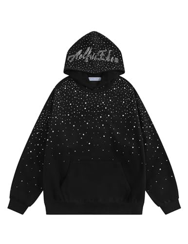 Aelfric Eden Rhinestone Hoodies Men Women Diamond Hooded Sweatshirt Fashion Luxury Casual Streetwear Unisex Hoodie Pullover Black XS | Amazon (US)