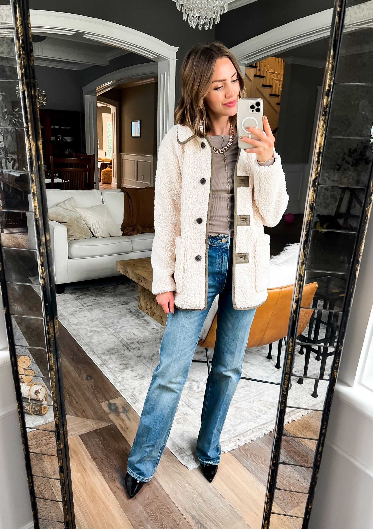 Sherpa jacket // shacket // wide leg jeans // patent boots // Fall outfits  // jacket runs a little big. Wearing XXS. 

#LTKstyletip #LTKSale #LTKSeasonal