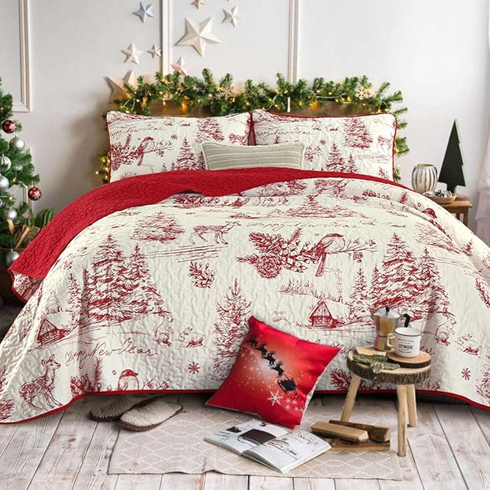 Christmas Quilt Set Queen, Village Xmas Red Quilt Set 3PCs Soft Microfiber Lightweight Bedspread ... | Amazon (US)