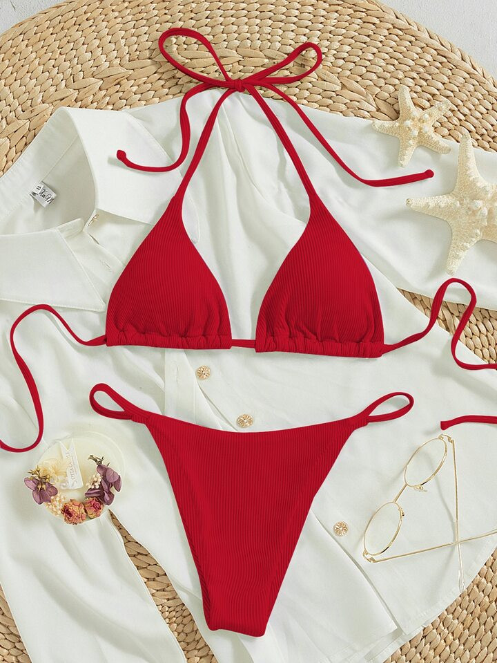 SHEIN Swim Summer Beach Ribbed Bikini Set Tie Back Halter Triangle Bra & Thong 2 Piece Bathing Su... | SHEIN