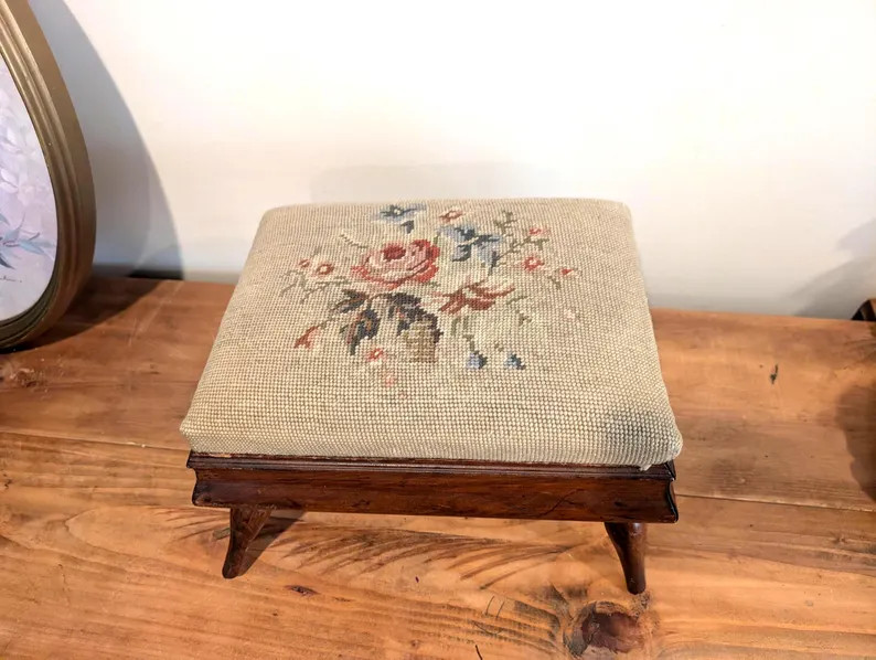 Vintage needlepoint wooden stool sewing box footstool. | Etsy (Global)