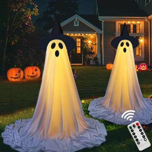 [Remote Control & Hat] 2 Packs Halloween Ghost Decor - Outdoor Halloween Decorations with LED Lights, Adjustable Height, Spooky Yard Decor (1 x Ghost Decoration with 1 x Remote Control) | Amazon (US)