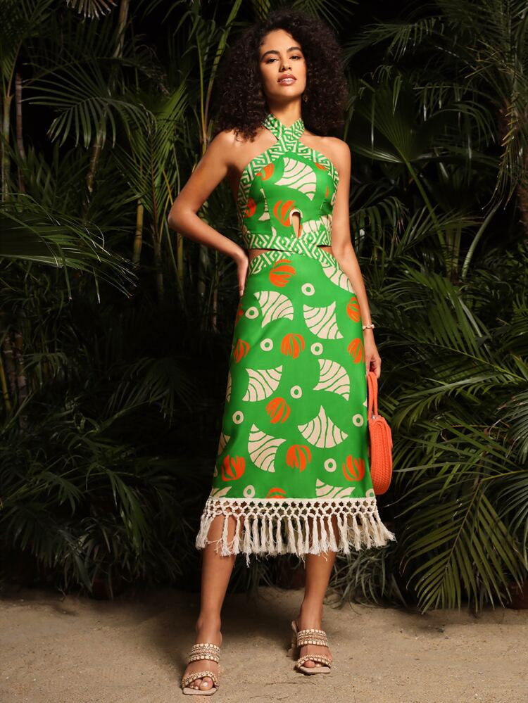 SHEINNeu Geo Print Fringe Hem Halter Dress | SHEIN