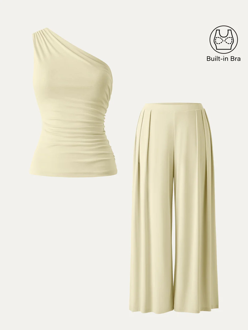 2Pcs Set Regular Wide Leg Palazzo Pant with Pockets & Ruched Bra Tank | OGLmove
