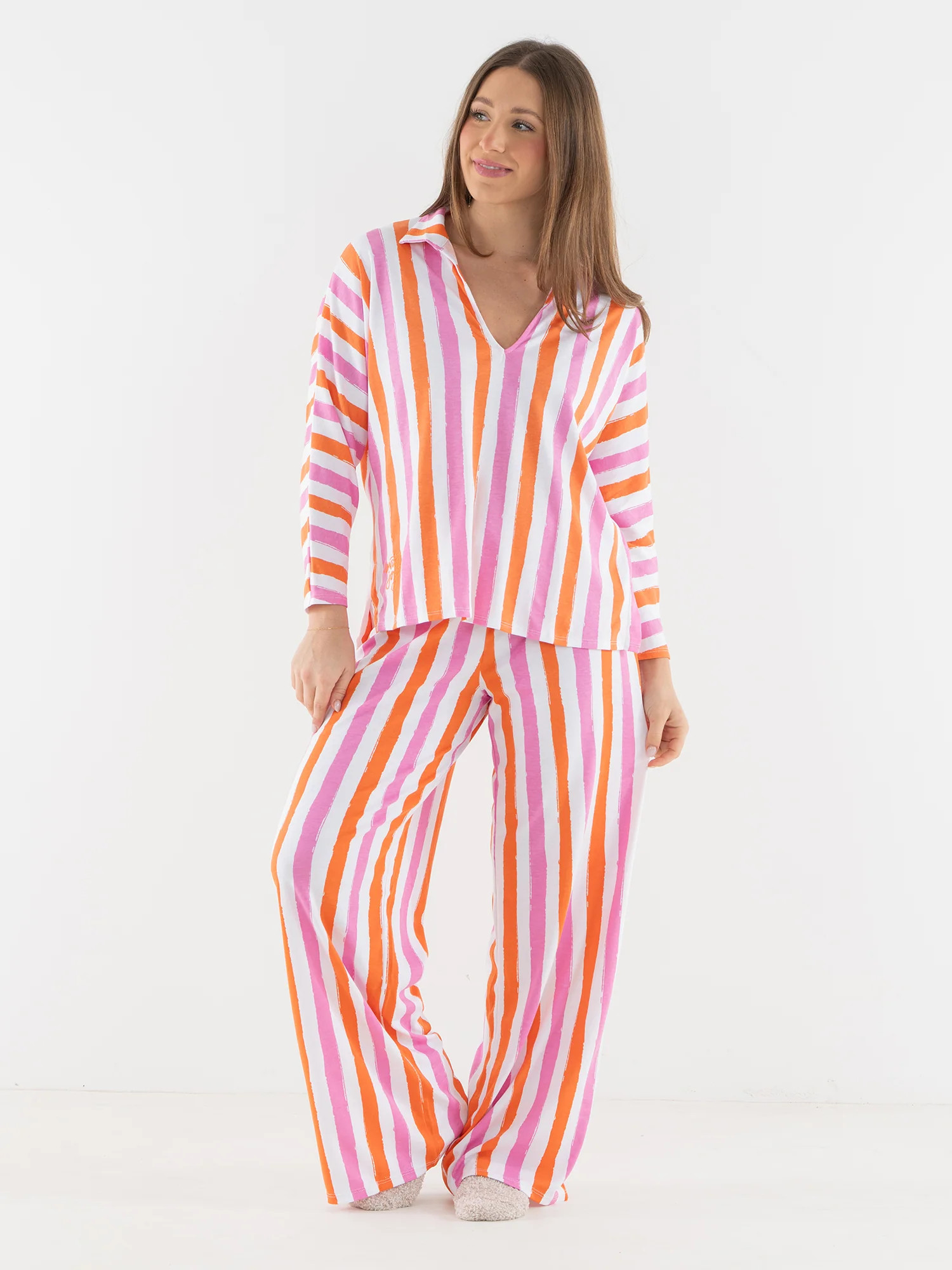 Pajama Pant Set in Coral Pink Stripe | Emily McCarthy