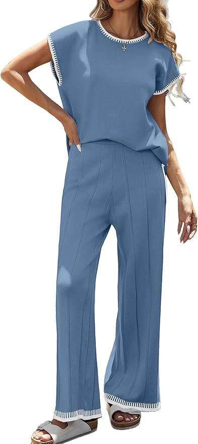 Ekouaer 2 Pieces Outfits for Women Tracksuit Pullover Top and Wide Leg Pants Knit Matching Set Lo... | Amazon (US)