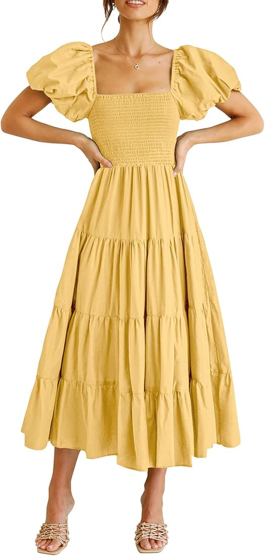 PRETTYGARDEN Women's Casual Summer Midi Dress Puffy Short Sleeve Square Neck Smocked Tiered Ruffl... | Amazon (US)