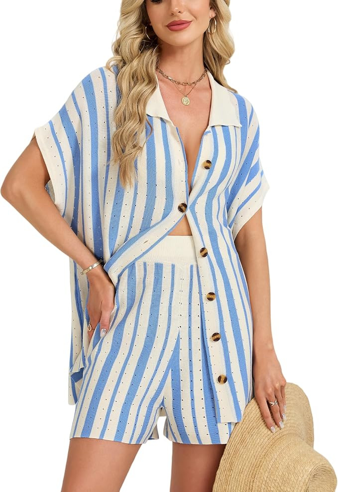 Ladyful Womens Crochet Swimsuit Coverup Sets Summer Short Cap Sleeve Button Up Knit Striped Shirt... | Amazon (US)