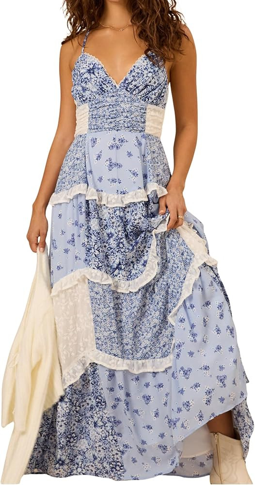 ebossy Womens Lace Patchwork Floral Maxi Dress Spaghetti Strap Sexy Backless Ruffle Tiered Boho B... | Amazon (US)