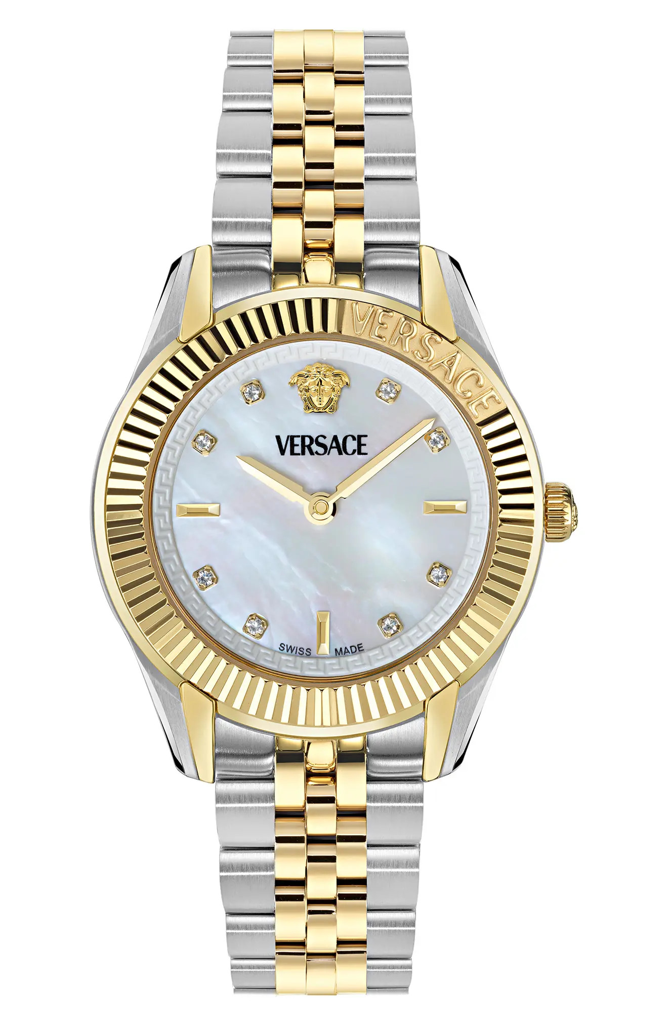 Versace Greca Time Diamond Bracelet Watch, 30mm in White/Two Tone at Nordstrom | Nordstrom