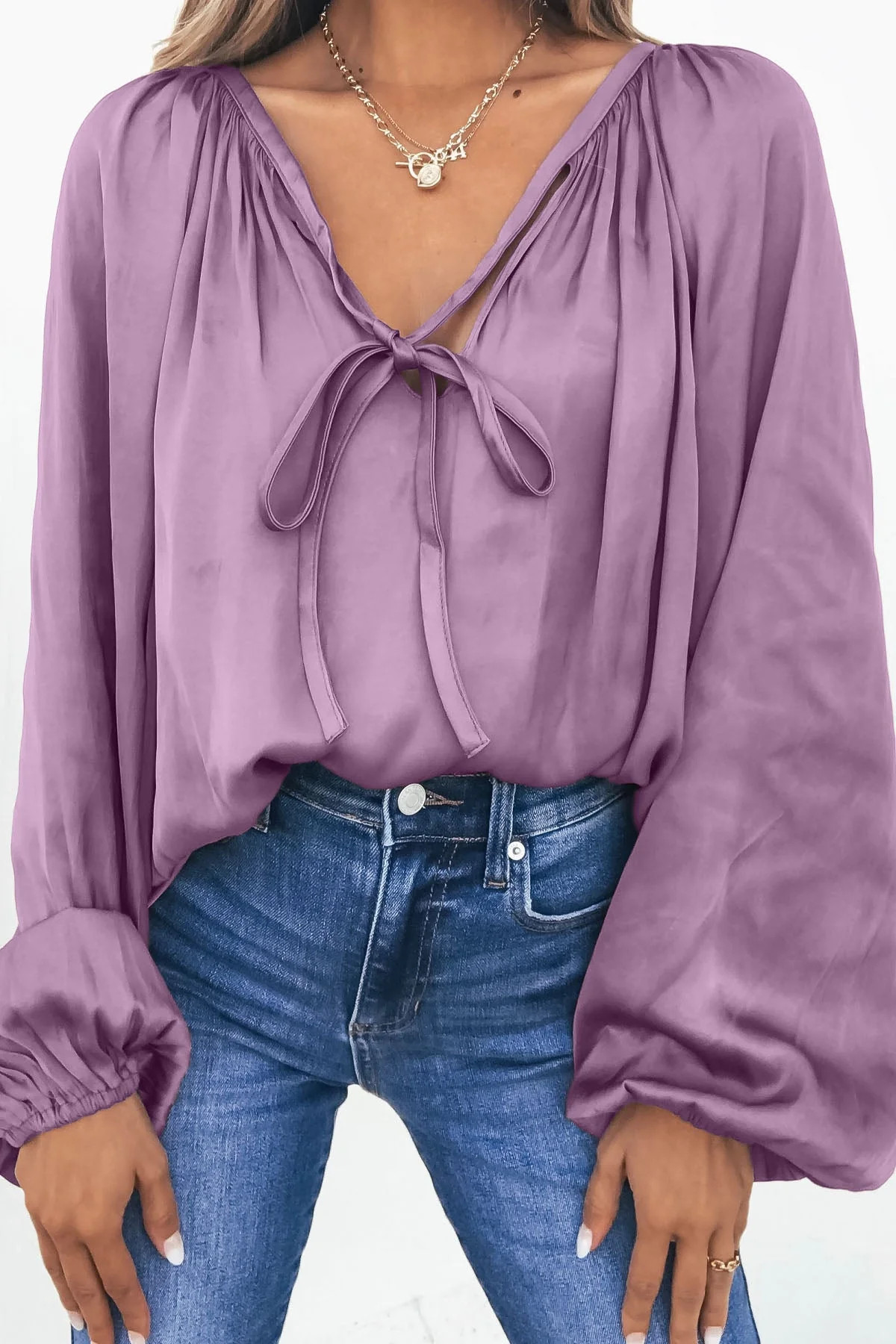 Light Mauve Satin V Neck Blouse | Magnolia Boutique