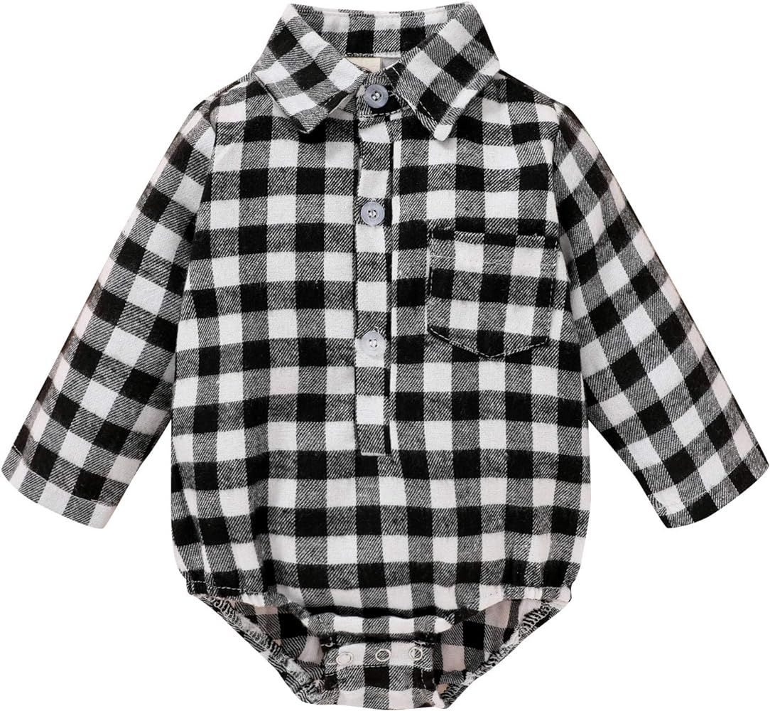 Newborn Baby Girl Boy Blouse Plaid Deer Plaid Flannel Romper Bodysuit Clothes | Amazon (US)