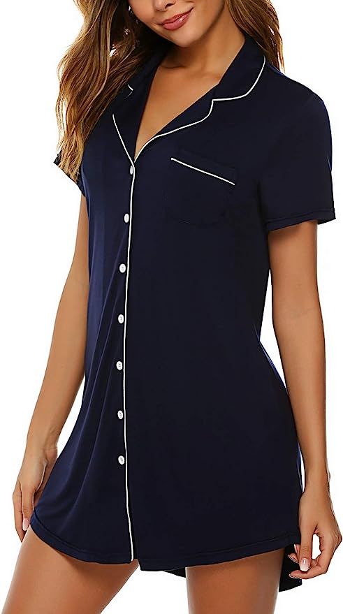 Samring Women's Nightshirt Short Sleeve Button Down Nightgown V-Neck Boyfriend Sleepwear Pajama D... | Amazon (US)