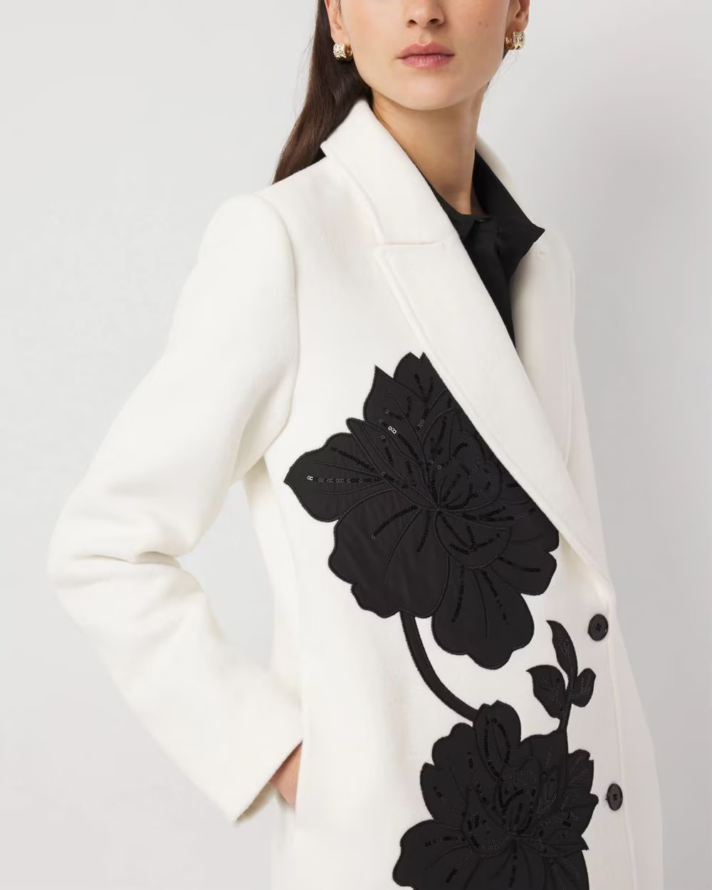 Floral Embellished Wool-Blend Melton Coat | White House Black Market | White House Black Market