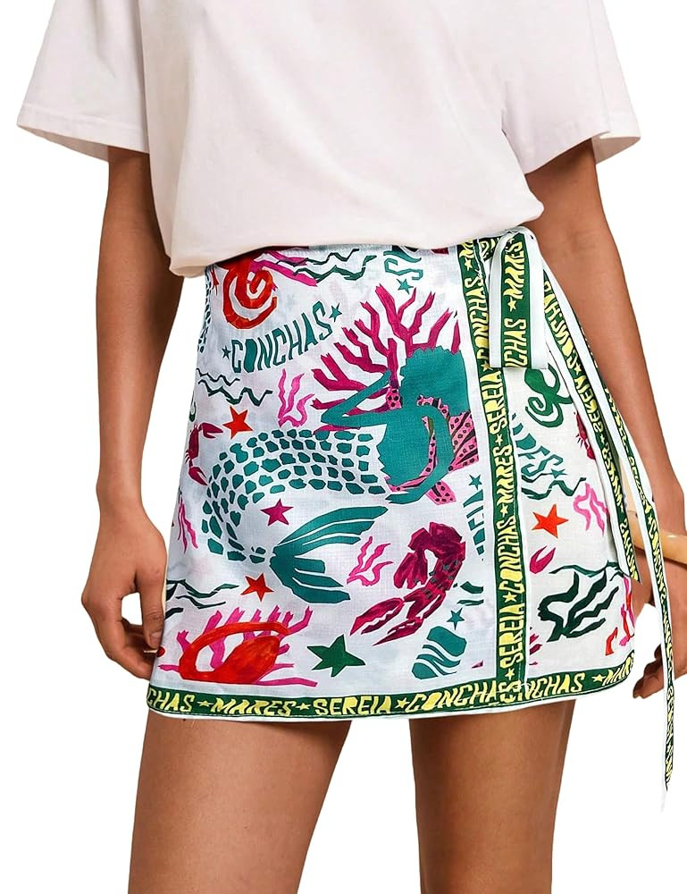 Women’s Summer Boho Skirts Floral Print Tie Knot Wrap Mini Skirt Cute Tropical Ocean Graphic Sh... | Amazon (US)