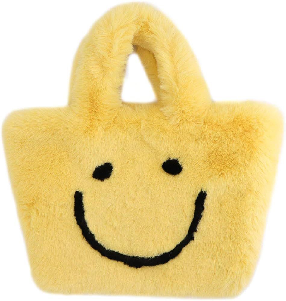 surell Faux Rex Rabbit Bag - Girls Y2K Aesthetic Tote Bag - Smiley Yellow Small Tote - Cute, Fluf... | Amazon (US)