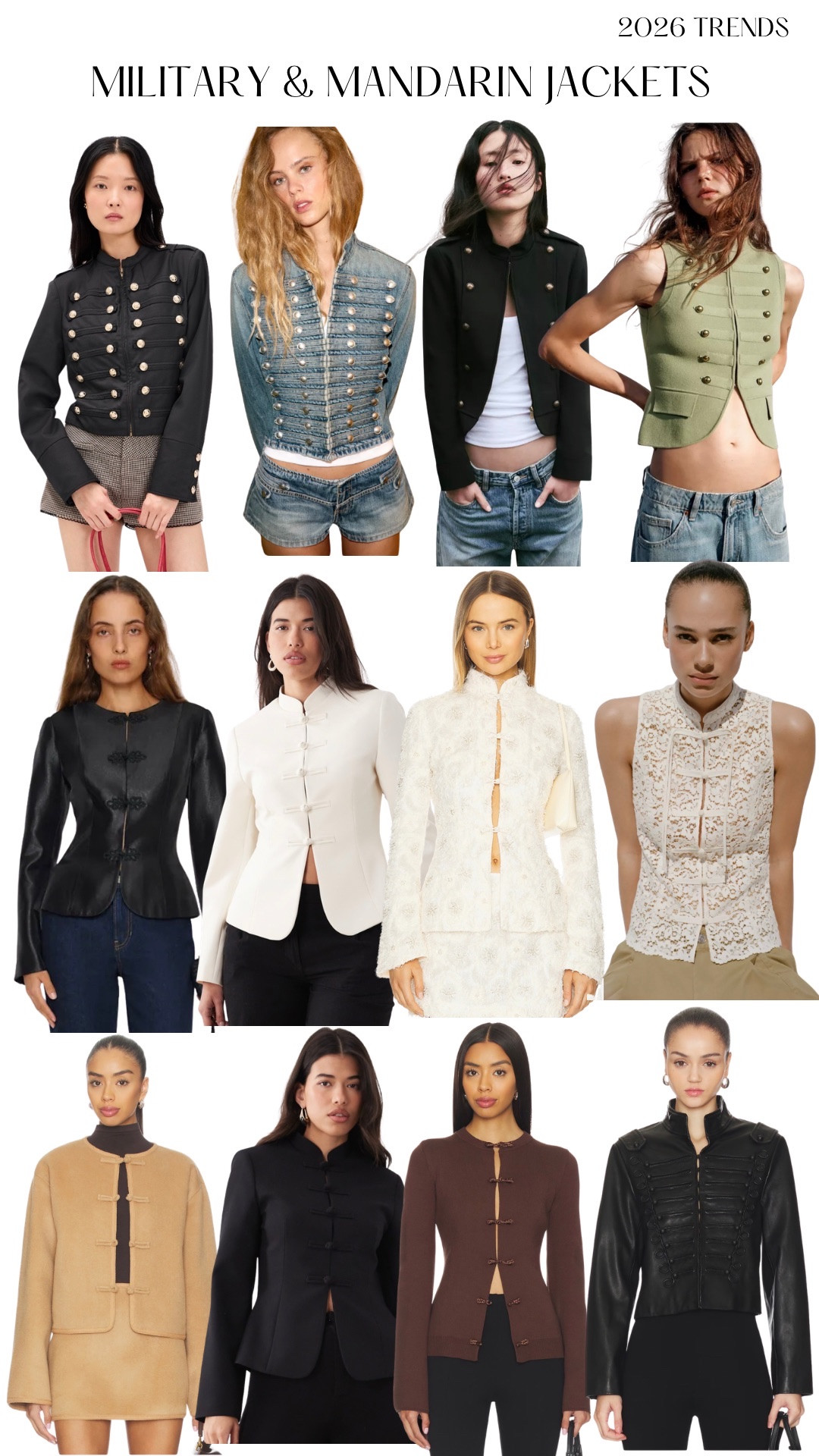Fashion trends 2026: military & mandarin jackets 
Shop black, white, denim and lace jackets and blazers 
#fashiontrends #military #mandarin #jacket #blazer  #springoutfit 

#LTKgrwm #LTKootd #LTKWorkwear