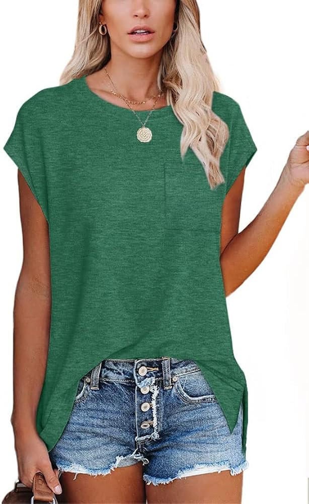 XIEERDUO T Shirts for Women Loose Fit Cap Sleeve T Shirts with Pocket for Women | Amazon (US)