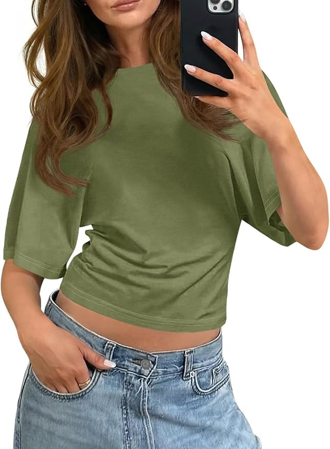 Tankaneo Womens Summer Short Sleeve Crop Tops Waisted Going Out Trendy Casual Loose Fit Basic Tee... | Amazon (US)