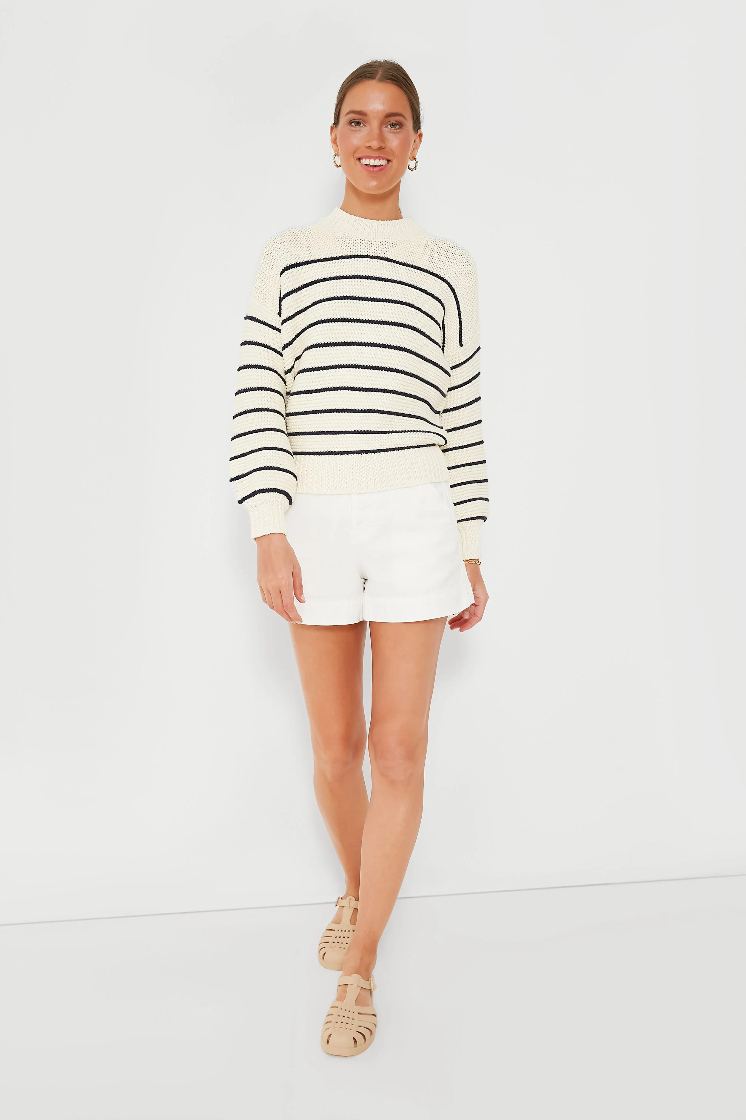 Ivory and Dark Navy Stripe Button Back Crewneck Sweater | Tuckernuck (US)