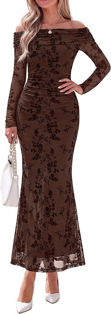 PRETTYGARDEN Womens Fall Off Shoulder Floral Maxi Wedding Guest Dress | Amazon (US)