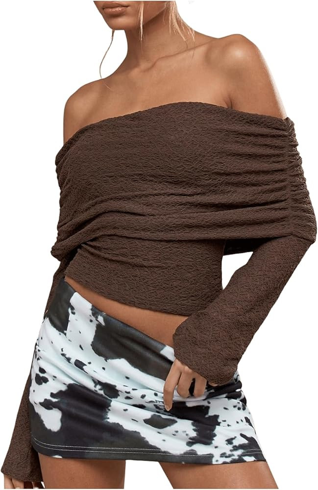 MakeMeChic Women's Ruched T Shirt Long Sleeve Off The Shoulder Textured Slim Fit Tee Tops | Amazon (US)