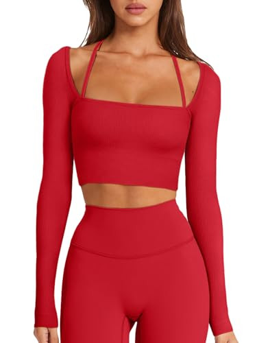 LASLULU Womens Sexy Square Neck Crop Top Ribbed Seamless Long Sleeve Workout Tops Halter Neck Ath... | Amazon (US)
