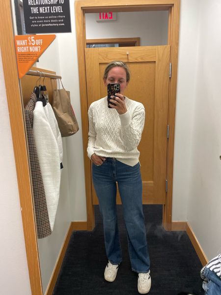 Jcrew factory try on (I didn’t get anything, but just wanted to share.) Sweater is tts, size down in jeans because they will stretch out 
