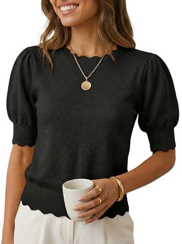 MONORA Short Sleeve Sweater for Women Pullover Knit Tops Scalloped Crewneck Puff Sleeve 2026 Trendy Spring Summer Fashion Lightweight Business Casual Outfits Black | Amazon (US)