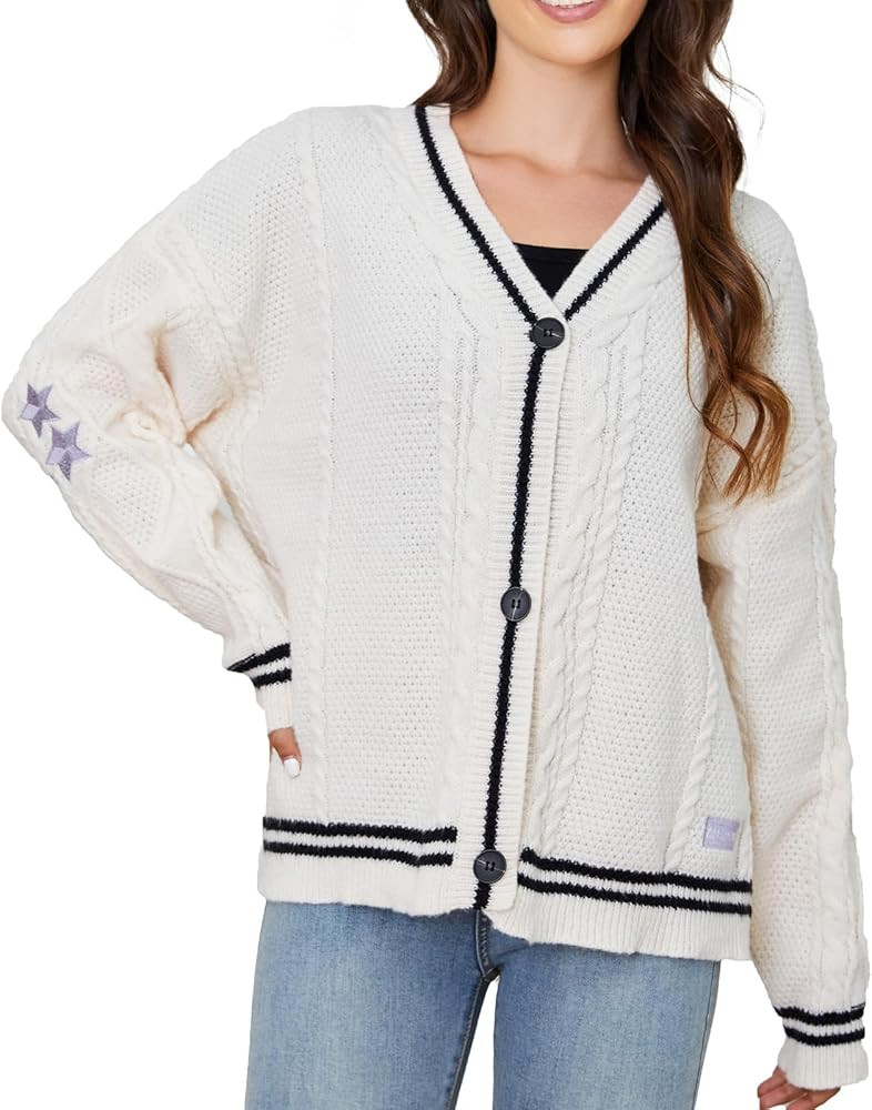Rixiland Women Casual Cardigans Sweater Long Sleeve v Neck Open Front Knitted Star Print Button D... | Amazon (US)