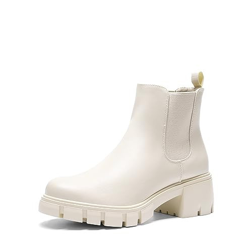 DREAM PAIRS Women's Elastic Chelsea Ankle Boots Platform Low Chunky Block Heel Lug Sole Slip on Fall Heeled Booties Shoes,Size 8.5,Beige,SDAB2316W | Amazon (US)