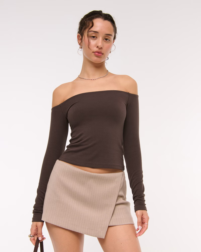 Long-Sleeve Cotton-Blend Seamless Fabric Off-The-Shoulder Top | Abercrombie & Fitch (US)