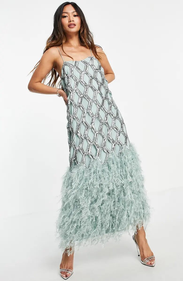 ASOS DESIGN EDITION Sequin Faux Feather A-Line Dress | Nordstrom | Nordstrom