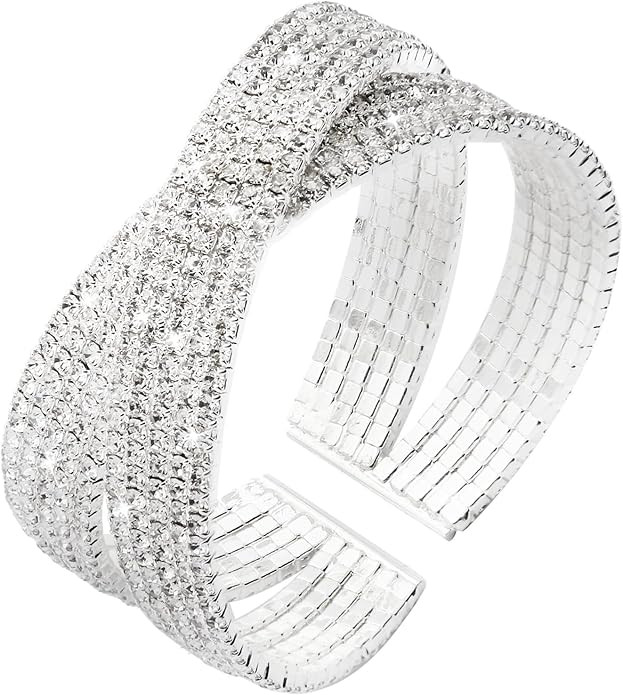 Jojomina Silver Rhinestone Bracelet for Women Multilayer Crystal Layered Cuff Bracelets Bridal Je... | Amazon (US)